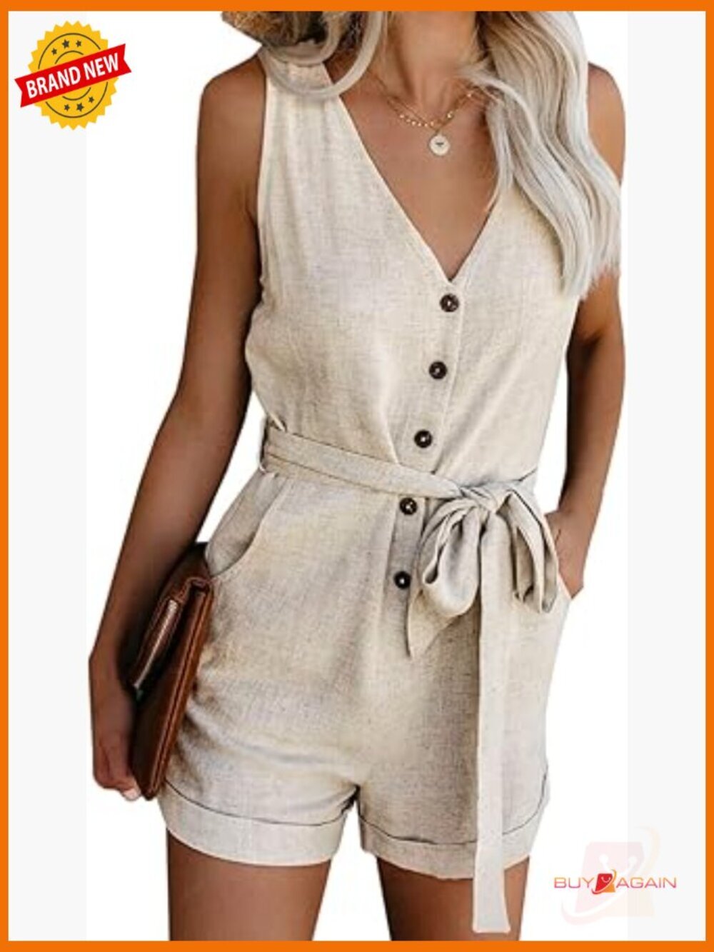 Sleeveless Button Down Romper with Belt and Pockets, Casual Summer